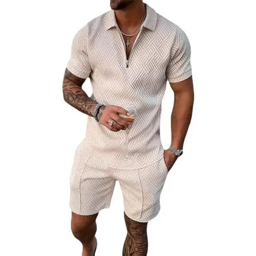 Produktbild: amropi Herren Sportanzug Sommer Trainingsanzug Kurzarm Reißverschluss Top und Shorts Kleidung Set Khaki, L