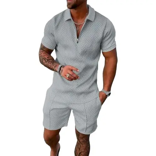 Produktbild: amropi Herren Sportanzug Sommer Trainingsanzug Kurzarm Reißverschluss Top und Shorts Kleidung Set Lichtgrau, XL