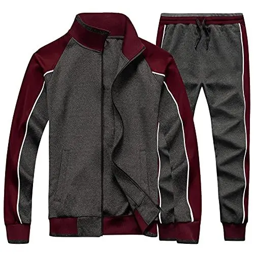 Produktbild: amropi Herren Trainingsanzug Jogginganzug Sportanzug Sweatjacke und Sportshose Sportbekleidung Grau Burgund,L
