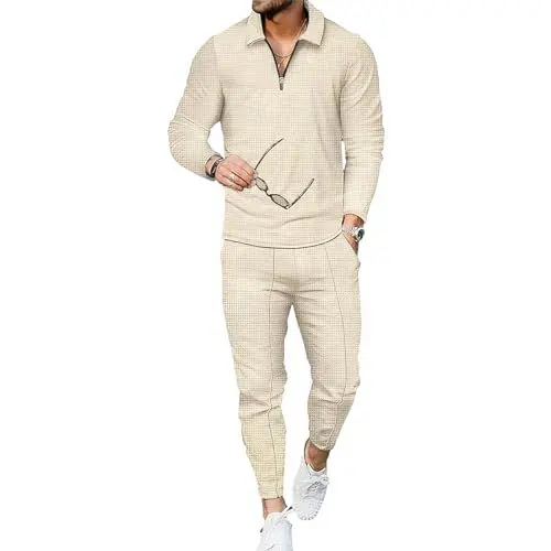Produktbild: amropi Herren Trainingsanzug Pullover Reißverschluss Sweatshirt und Jogginghose Sportanzug Khaki, XS