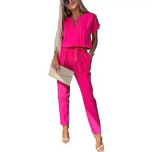 Produktbild: amropi Jumpsuit Damen Elegant Kurzarm Playsuit V-Ausschnitt Casual Lose Overalls Lang Romper Rot Rosa,M