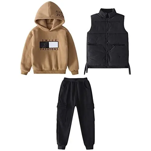 Produktbild: amropi Jungen Hoodie Trainingsanzug Kapuzenpullover Sweatshirt Weste Jogging Hose 3 Stück Kleidungsset Khaki Schwarz, 7-8 Jahre