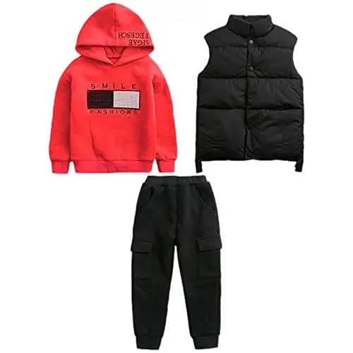 Produktbild: amropi Jungen Hoodie Trainingsanzug Kapuzenpullover Sweatshirt Weste Jogging Hose 3 Stück Kleidungsset Rot Schwarz, 3-4 Jahre