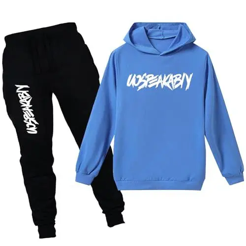 Produktbild: amropi Jungen Hoodie Trainingsanzug Sweatshirt Top und Jogging Hose Kleidungsset (Blau Schwarz, 11-12 Jahre)