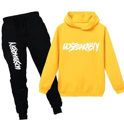 Produktbild: amropi Jungen Hoodie Trainingsanzug Sweatshirt Top und Jogging Hose Kleidungsset (Gelb, 13-14 Jahre)