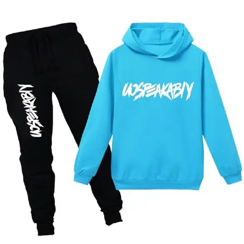 Produktbild: amropi Jungen Hoodie Trainingsanzug Sweatshirt Top und Jogging Hose Kleidungsset Himmelblau-2, 14-15 Jahre