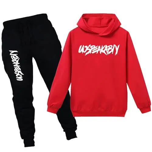 Produktbild: amropi Jungen Hoodie Trainingsanzug Sweatshirt Top und Jogging Hose Kleidungsset (rot Schwarz, 9-10 Jahre)
