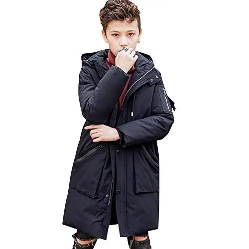 Produktbild: amropi Jungen Jacke Mantel Warm Lang Parka Kapuzen Outwear Wintermantel (Schwarz, 12-13 Jahre)