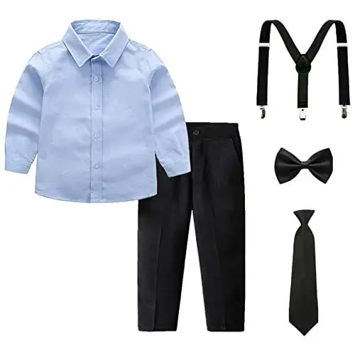 Produktbild: amropi Jungen Langarm Bekleidungssets Hemd mit Fliege + Hosenträger Hosen Strampler Anzug Blau Schwarz, 5-6 Jahre