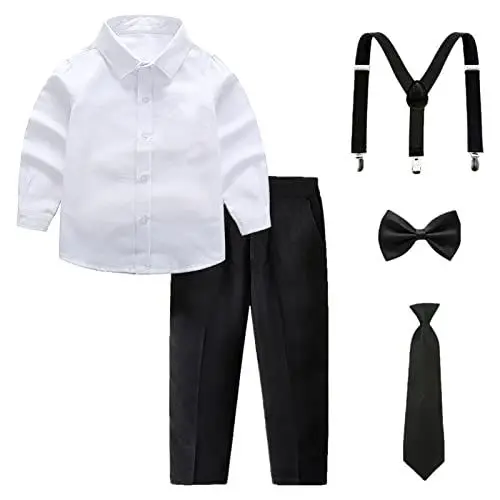 Produktbild: amropi Jungen Langarm Bekleidungssets Hemd mit Fliege + Hosenträger Hosen Strampler Anzug Weiß Schwarz, 7-8 Jahre