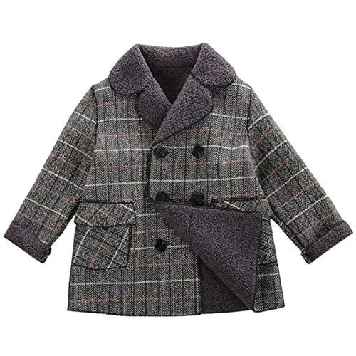 Produktbild: amropi Jungen Winter Mantel Klassischen Doppelten Breasted Trenchcoat Warm Outwear Grau kariert, 7-8 Jahre
