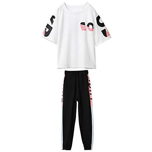 Produktbild: amropi Kinder Mädchen Kurzarm Outfits Brief T-Shirt + Jogging Hosen Sommer Kleidung Set Weiß Schwarz, 9-10 Jahre
