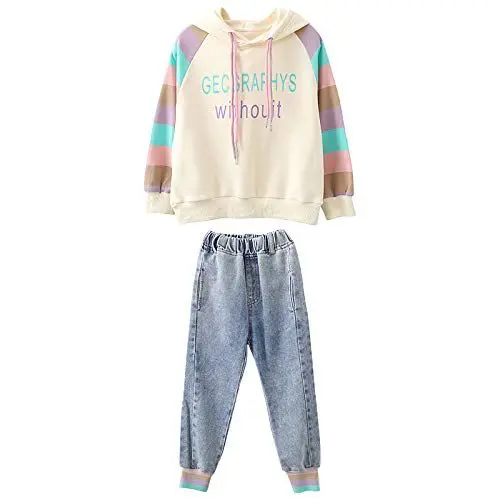 Produktbild: amropi Mädchen Bekleidungsset Hoodie Sweatshirt Jeans Hose Jogginganzug Trainingsanzug Beige Blau,11-12 Jahre