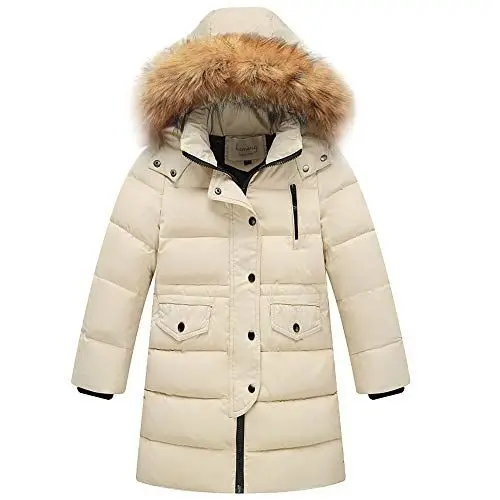 Produktbild: amropi Mädchen Daunenjacken mit Fell Kapuze Lang Winterjacke Kälteschutz Wasserabweisend Verdickte Daunenmantel (Beige,9-10Jahre)