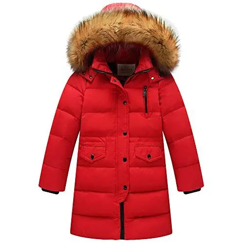 Produktbild: amropi Mädchen Daunenjacken mit Fell Kapuze Lang Winterjacke Kälteschutz Wasserabweisend Verdickte Daunenmantel (Rot,7-8Jahre)