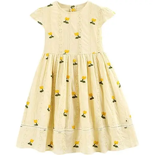 Produktbild: amropi Mädchen Kleider Kurzarm Baumwolle Geblümt Sommerkleid Prinzessin Kinder Kleid Gelb,8-9 Jahre