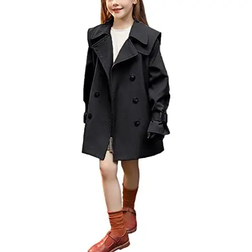 Produktbild: amropi Mädchen Langarm Trenchcoat mit Gürtel Einfarbig Windjacke Parka (Schwarz-2,6-7 Jahre)