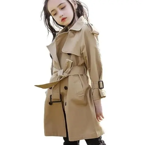 Produktbild: amropi Mädchen Langarm Trenchcoat mit Gürtel Einfarbig Windjacke Parka for 4-15 Jahre alt (Khaki,150cm)
