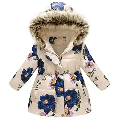Produktbild: amropi Mantel Mädchen Geblümt Winterjacke mit Fellkapuze Warme Wintermantel Kinderjacke Beige Blume, 2-3 Jahre