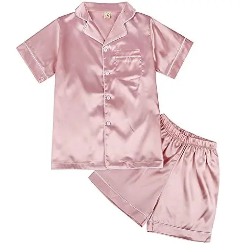 Produktbild: amropi Schlafanzug Passende Familien Satin Nachtwäsche 2 Stück Set für Kinder und Erwachsene Rosa-2,XS
