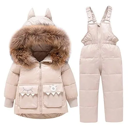 Produktbild: amropi Skianzug Mädchen Kinder Schneeanzug Daunenjacke mit Kaputze + Skihose 2tlg Bekleidungsset Winteranzug Beige,2-3 Jahre