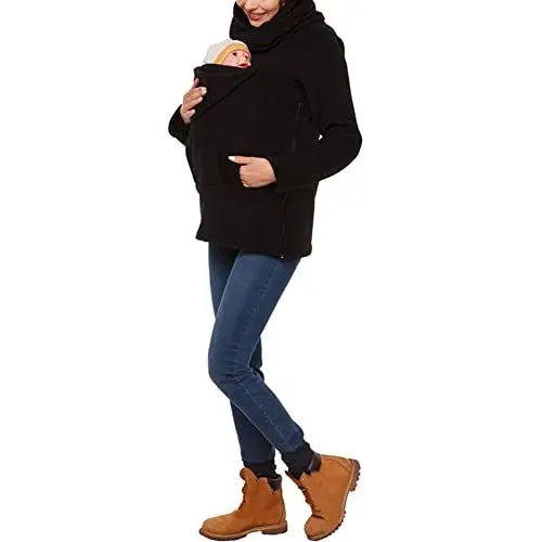 Produktbild: amropi Tragejacke für Mama und Baby 3 in 1 Damen Langarm Kapuze Känguru Umstandsjacke Warm Tragepullover mit Babyeinsatz Schwarz,XXL