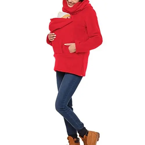 Produktbild: amropi Tragejacke für Mama und Baby 3 in 1 Damen Langarm Kapuze Känguru Umstandsjacke Warm Tragepullover mit Babyeinsatz Rot,L