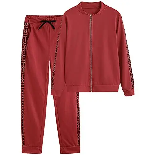 Produktbild: amropi Traingsanzug Damen Jogginganzug Kariert Pullover Lange Ärmel Top + Hose Sportanzug 2 Stück (Rot,S)
