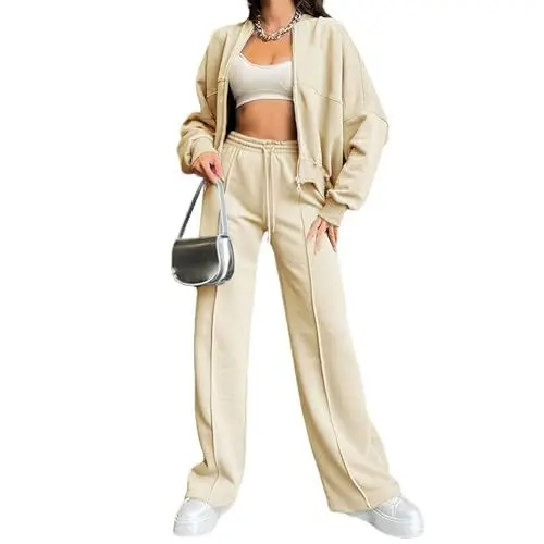 Produktbild: amropi Trainingsanzug Damen Jacke mit Reißverschluss und Jogginghose 2 Stück Kleidungsset Beige, M