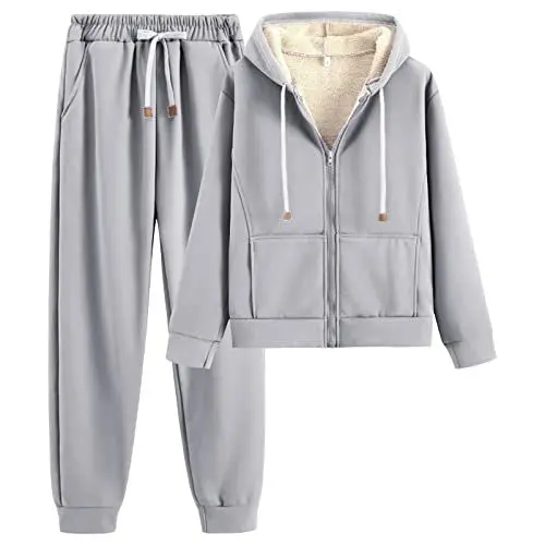 Produktbild: amropi Trainingsanzug Damen Winterjacke Kapuzenpullover und Jogginghose Warm VliesJogginganzug (Grau,M)