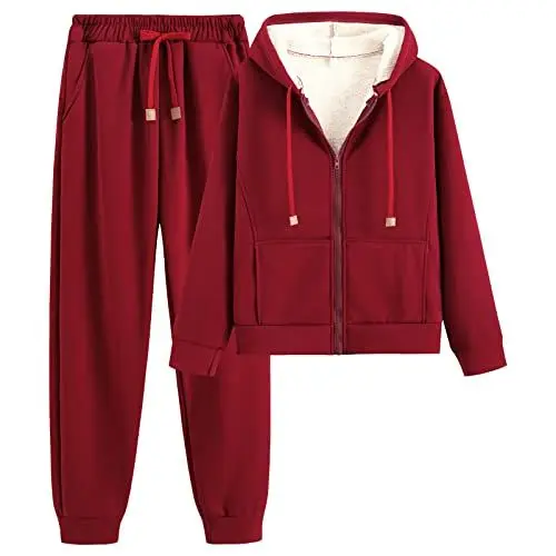 Produktbild: amropi Trainingsanzug Damen Winterjacke Kapuzenpullover und Jogginghose Warm VliesJogginganzug (Rot,M)