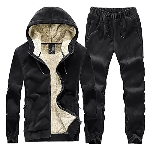 Produktbild: amropi Trainingsanzug Herren Winterjacke Kapuzenpullover und Jogginghose Warm VliesJogginganzug (Schwarz,XL)