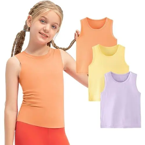 Produktbild: amropi Unterhemd für Mädchen 3 Stück Tank Top Hemdchen Unterwäsche Sommer T-Shirt Orange Gelb Lila, 7-8 Jahre