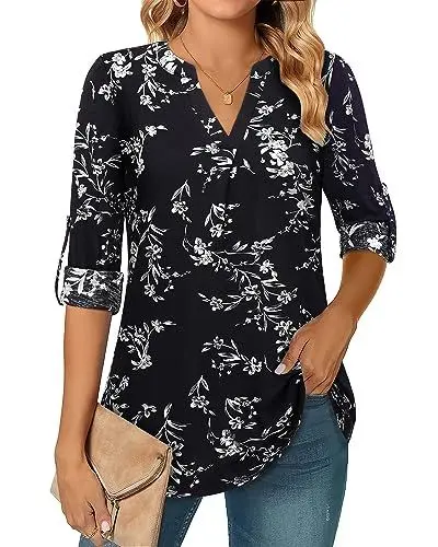 Produktbild: Amrto Casual Damen Shirt, V-Ausschnitt 3/4 Lange Ärmel Bluse Tunika Floral Geblümt Lose Lässig Elegant Fließend Langarmshirt Oberteil Outfit für Büro, Schwarz M