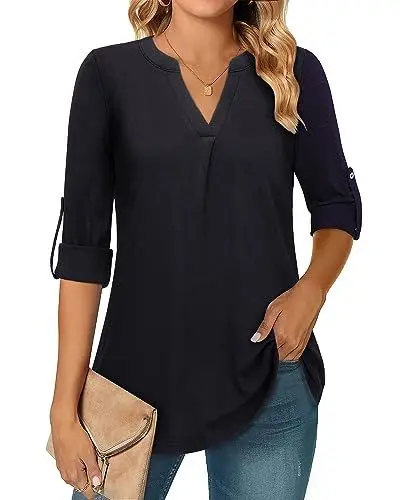 Produktbild: Amrto Damen Bluse Elegant Lange Elegant Sommer Tunika Einfarbige V-Ausschnitt 3/4 Langärmelig Blusenshirt Lässig Lose Longbluse A Linie Basic Business Outfit für Arbeit Büro, Schwarz XL
