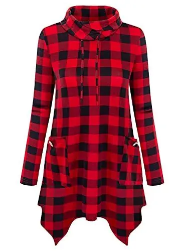 Produktbild: Amrto Damen Bluse Turtleneck Asymmetrische Saum Langarm Tops Lange Hemd Pullover Tunika mit Taschen, Rot Schwarz Gitter S