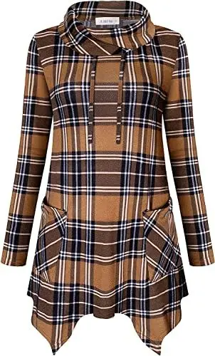 Produktbild: Amrto Damen Bluse Turtleneck Tunika Damen Große Größen mit Asymmetrische Saum Langarmshirts Lange Hemd Pullover Tunika mit Taschen, Khaki Karierte L