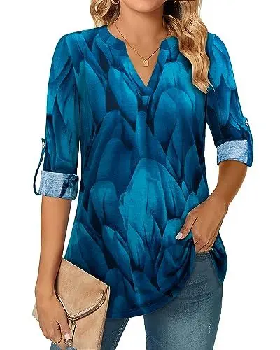 Produktbild: Amrto 3/4 Ärmel Bluse, Elegante V Ausschnitt Damen Longbluse Shirt Blätte Gemustert Lose Casual Stylisch Langarmshirt Oberteil, Geblümt Blau XXL