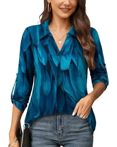 Produktbild: Amrto Casual Bluse Damen, V-Ausschnitt Blätte 3/4 Ärmel Longbluse mit Revers Hemdkragen Blatt Bedruckte Casual Langarmshirt Oberteil, Blau XXL