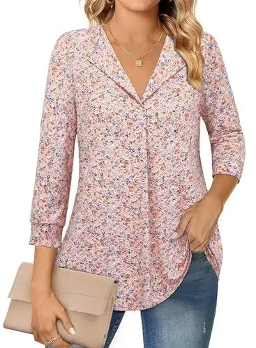 Produktbild: Amrto Oberteile Damen 3/4 Arm Shirt Hemdbluse Festliches Oberteil Tunika Herbst Basic 3/4 Sleeve Women Rosa, L