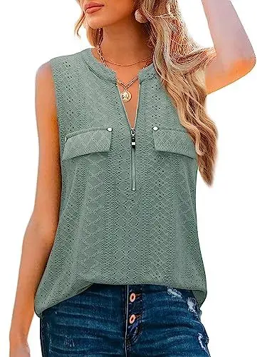 Produktbild: Amrto Damen Tops, Casual V-Ausschnitt Ärmellose Bluse Oberteil mit Reißverschluss, Loose Einfarbige Tank Tops Tunika Longbluse, Grün XXL