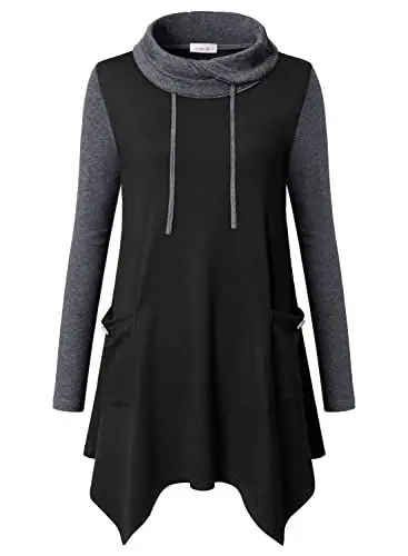 Produktbild: Amrto Tunika für Frauen Freizeit Damen Bluse Turtleneck Tunika Damen Pullover mit Asymmetrische Saum Lange Hemd Loose Fit Pullover Einfarbig Elegant Langarm T Shirts, Schwarz & Grau XL