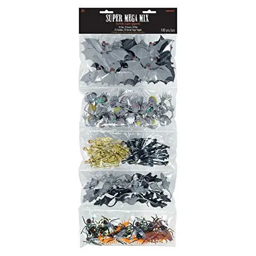 Produktbild: Amscan 392389 - 100 Kriechtiere, aus Plastik, Skelette, Hände, Fledermäuse, Ratten, Mäuse, Spinnen, Kakerlaken, Halloween, Dekoration, Mottoparty