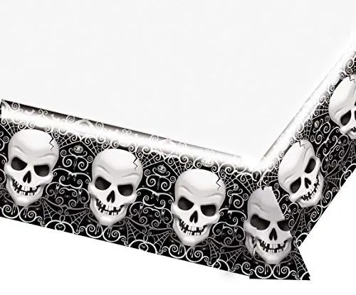 Produktbild: Amscan 571158 - Tischdecke Fright Night, aus Plastik, Größe 137 x 243 cm, Deko, Tuch, Tischläufer, Totenkopf, Skull, Skelett, Halloween, Horror-Party, Mottoparty