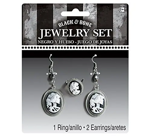 Produktbild: Amscan 844965-55 - Schmuckset Skelett, 3-teiliges Set bestehend aus zwei Ohrringen und einem größenverstellbarem Ring, Silber-Schwarz-Weiß, super für Halloween und Karneval, Scherenschnitt-Design
