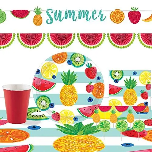Produktbild: Amscan 9050 0388 - Partyset Hallo Sommer, 8 Teller, 8 Becher, 24 Spieße, 16 Servietten, Girlande, Wassermelonen-Fächergirlande, Tischdecke