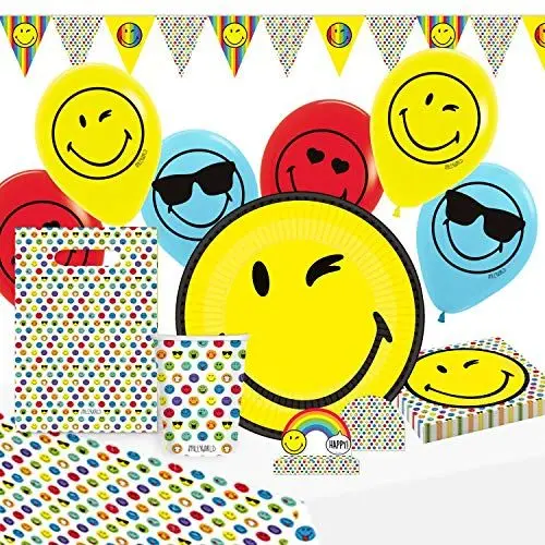 Produktbild: Amscan 9907562 - Partyset Smiley World, 8 Teller, 8 Becher, 16 Servietten, Tischdecke, 8 Papiertüten, 8 Einladungsets, Girlande, 6 Latexballons