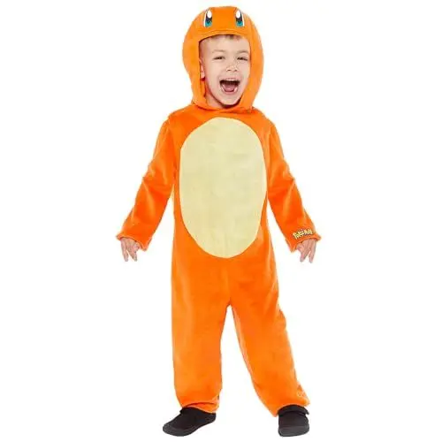 Produktbild: Amscan 9918518 – Offiziell lizenzierter Unisex-Overall „Pokémon Glumanda“ mit Kapuze, Kostüm für Kinder, Alter: 6-8 Jahre