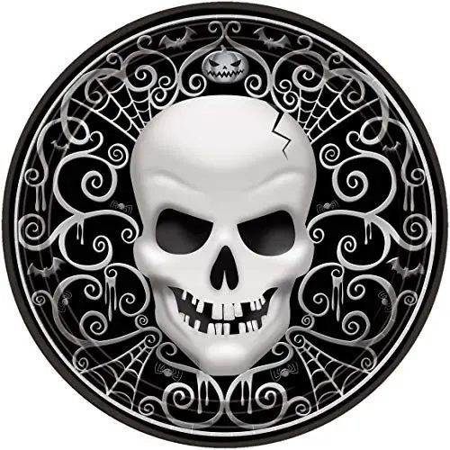 Produktbild: Amscan 996759 - Teller Fright Night, aus Papier, rund 26,7 cm, 8 Stück, Skull, Totenkopf, Skelett, Halloween, Horror-Party, Mottoparty