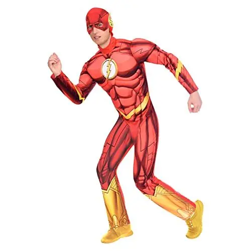 Produktbild: Amscan - Erwachsenenkostüm The Flash, Overall mit gepolsterter Brust, Kopfbedeckung, Serie, DC Super Heroes, Motto-Party, Karneval